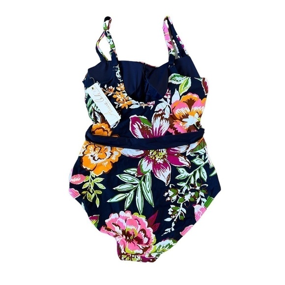 🆕 Anne Cole Navy & Green Tropical Bloom Belted One-Piece - Picture 3 of 6